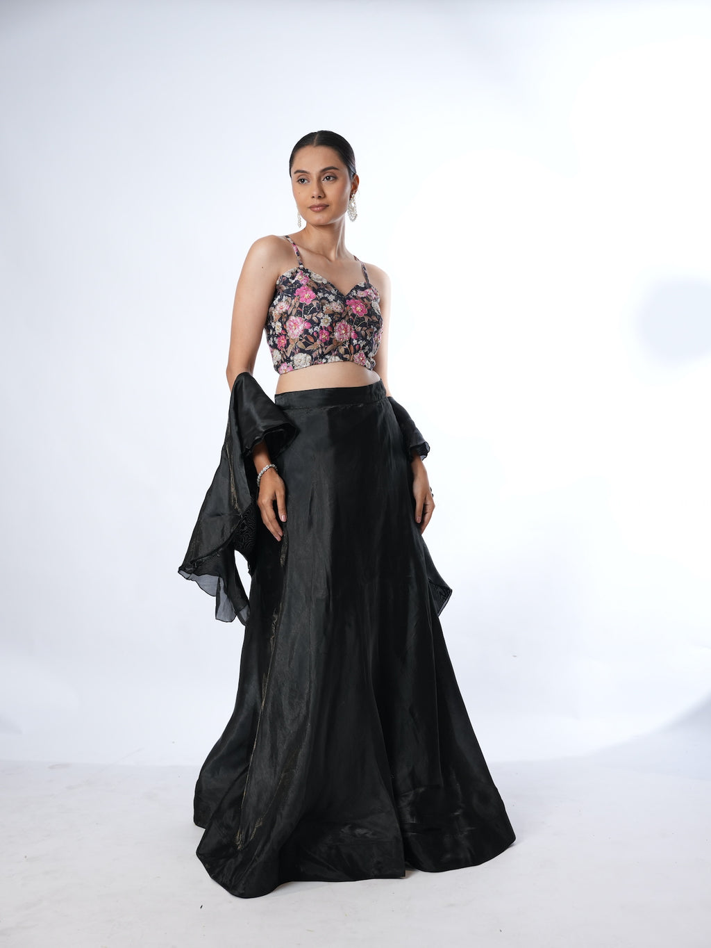 Black Floral Crop Top Lehenga