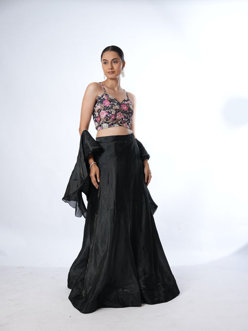 Black Floral Crop Top Lehenga