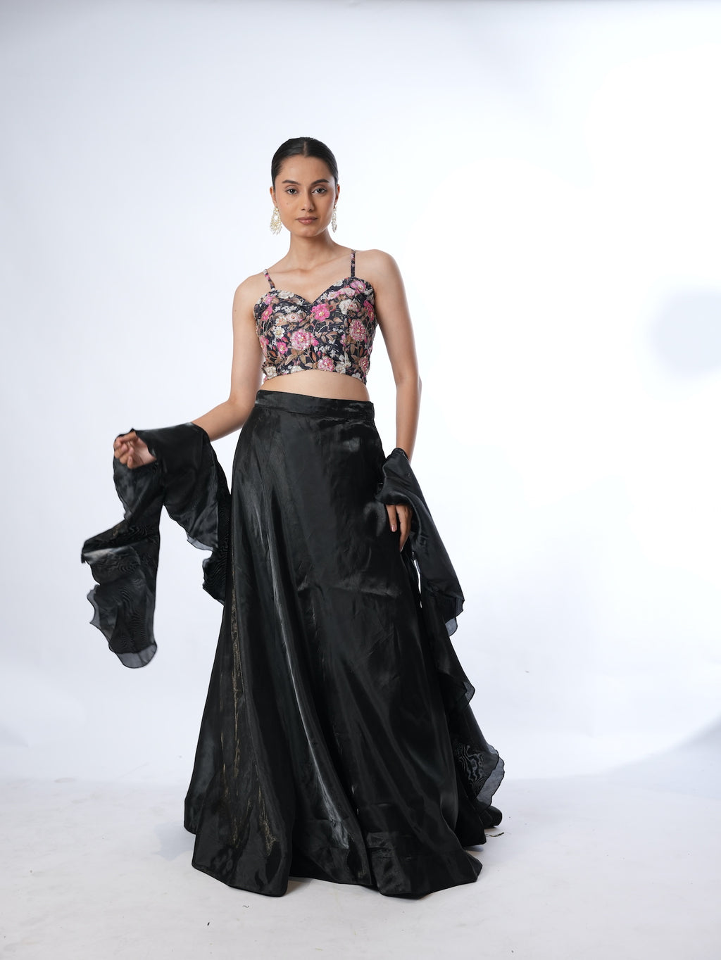 Black Floral Crop Top Lehenga