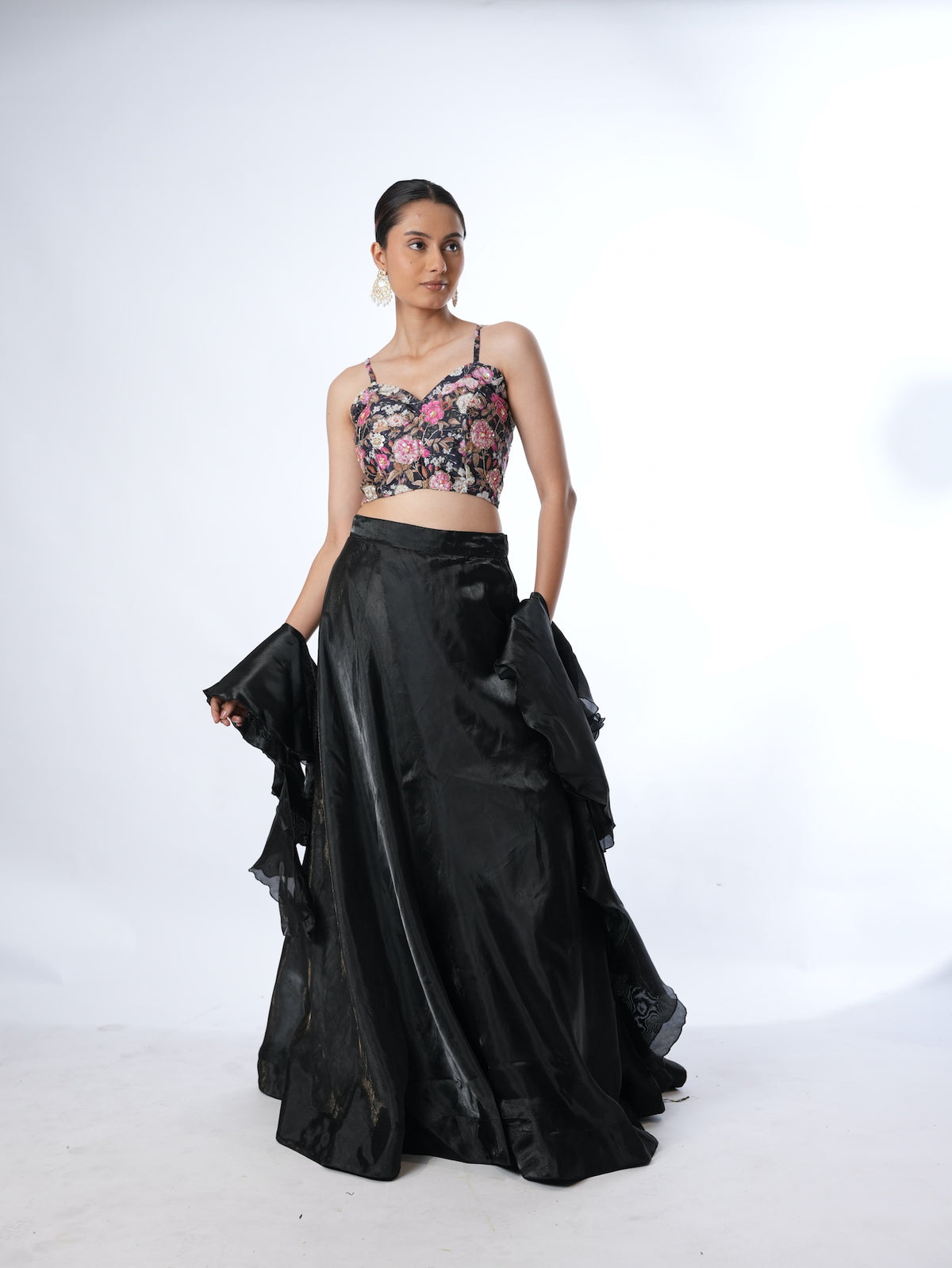 Black Floral Crop Top Lehenga
