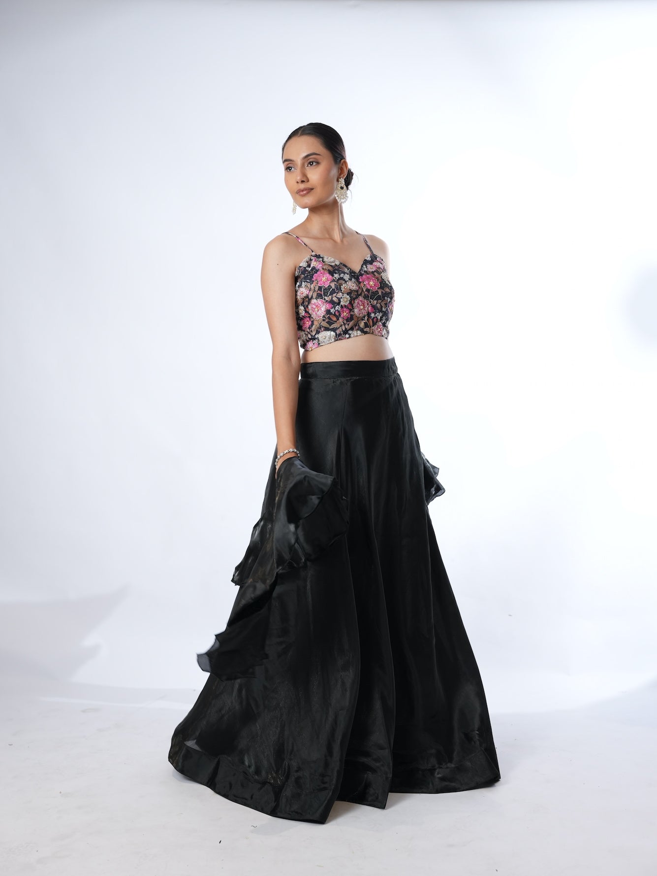 Black Floral Crop Top Lehenga