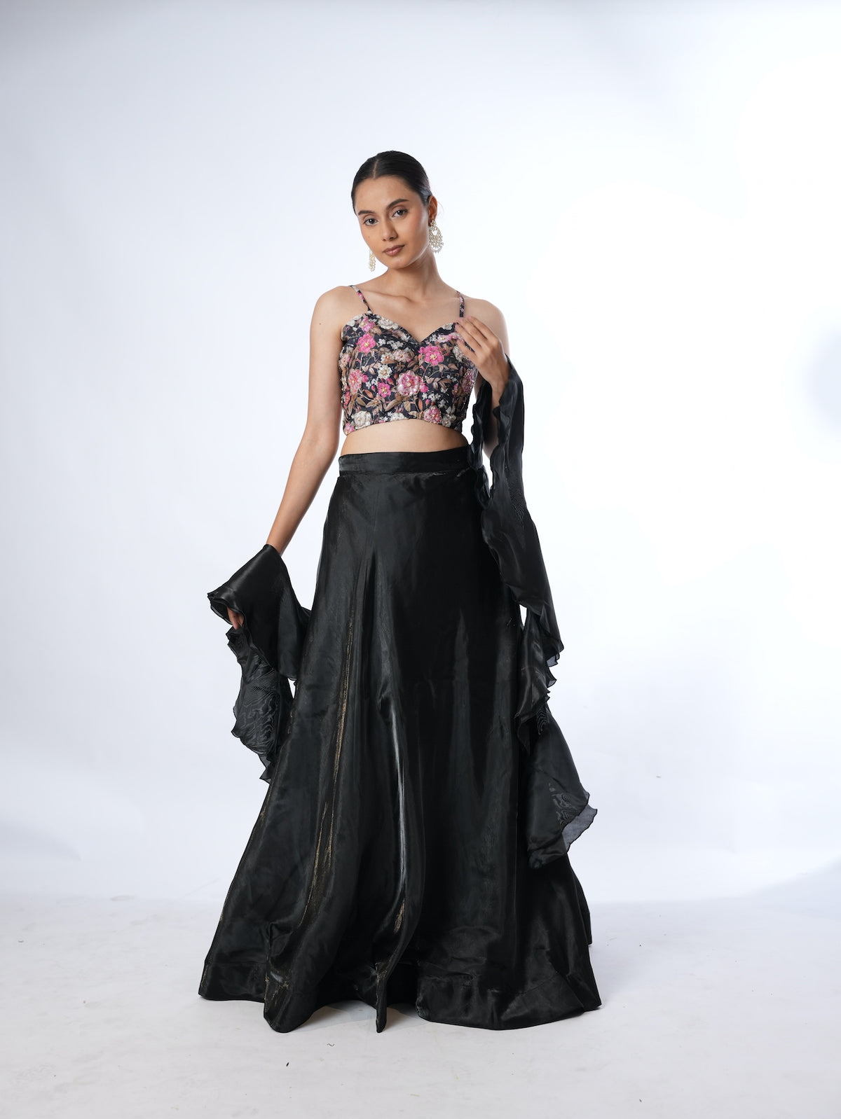 Black Floral Crop Top Lehenga