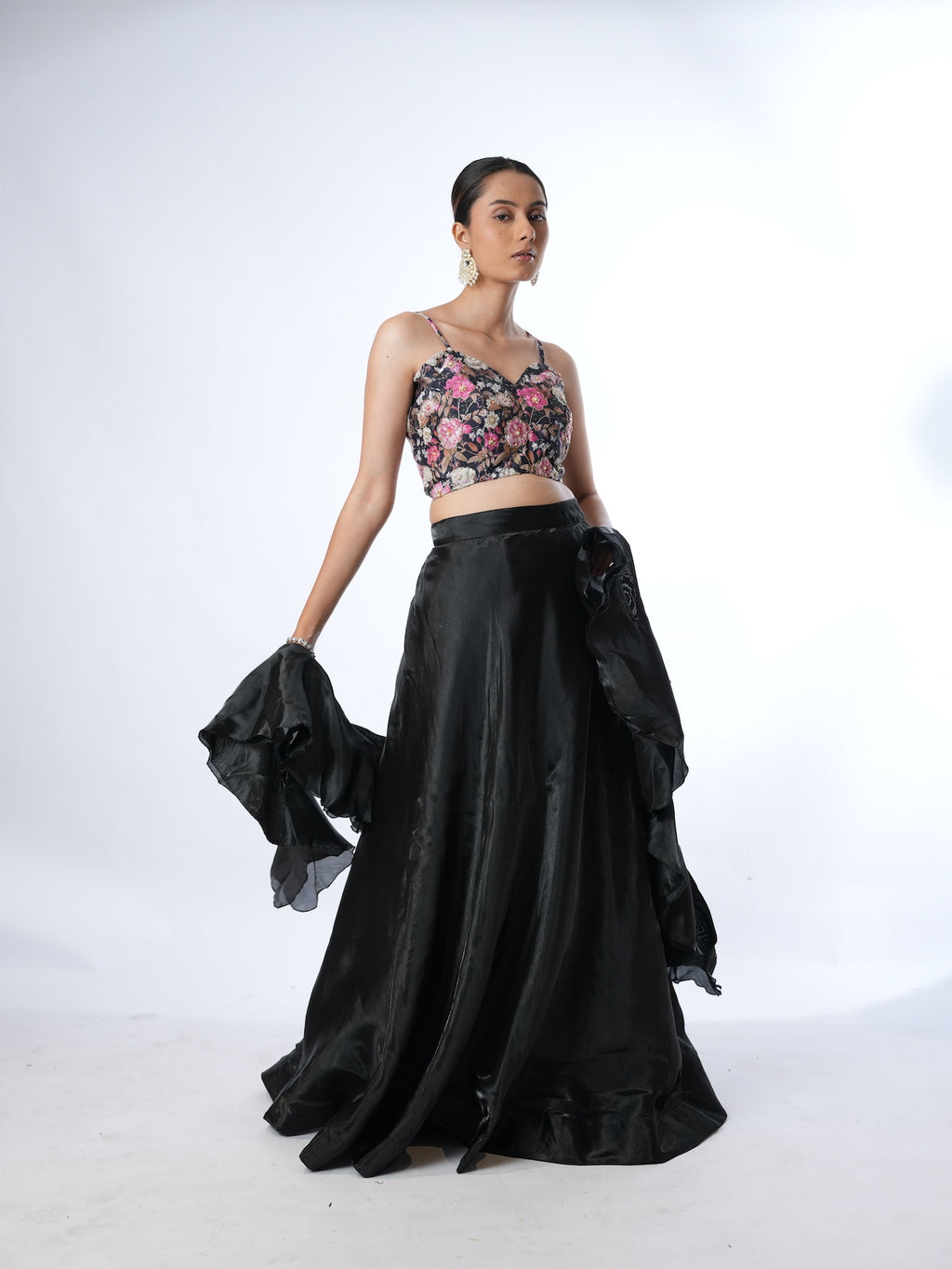 Black Floral Crop Top Lehenga