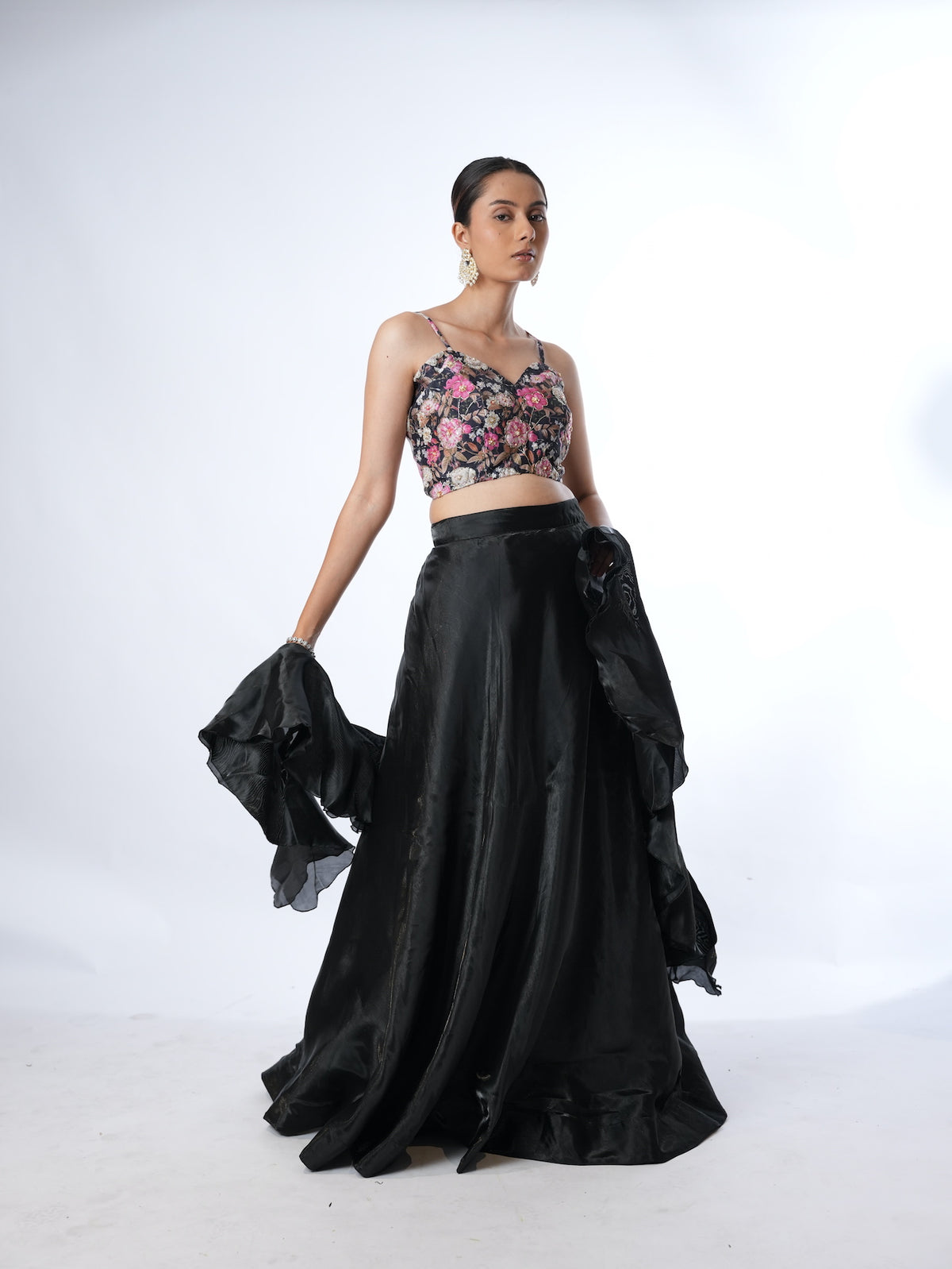 Black Floral Crop Top Lehenga