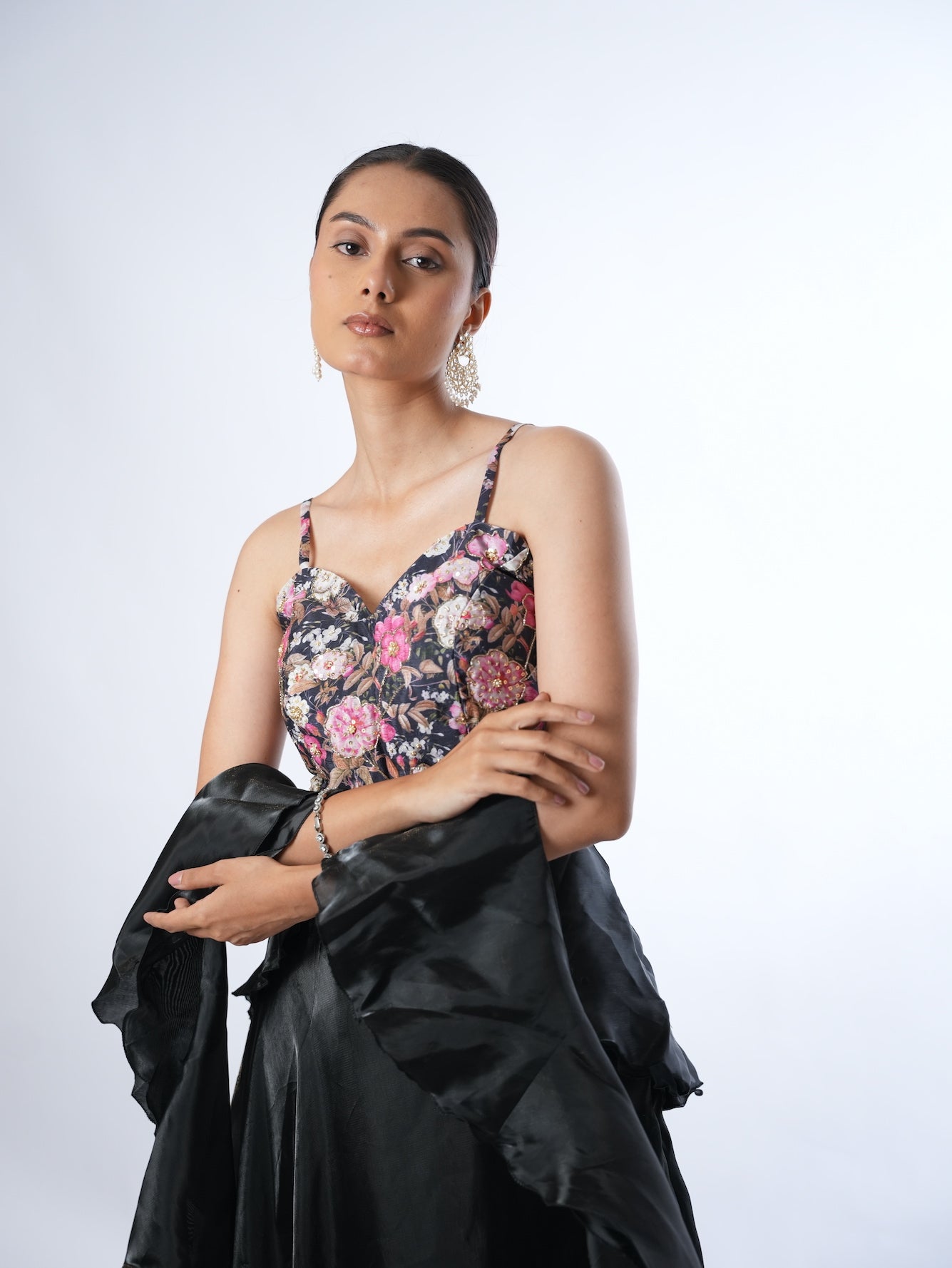 Black Floral Crop Top Lehenga