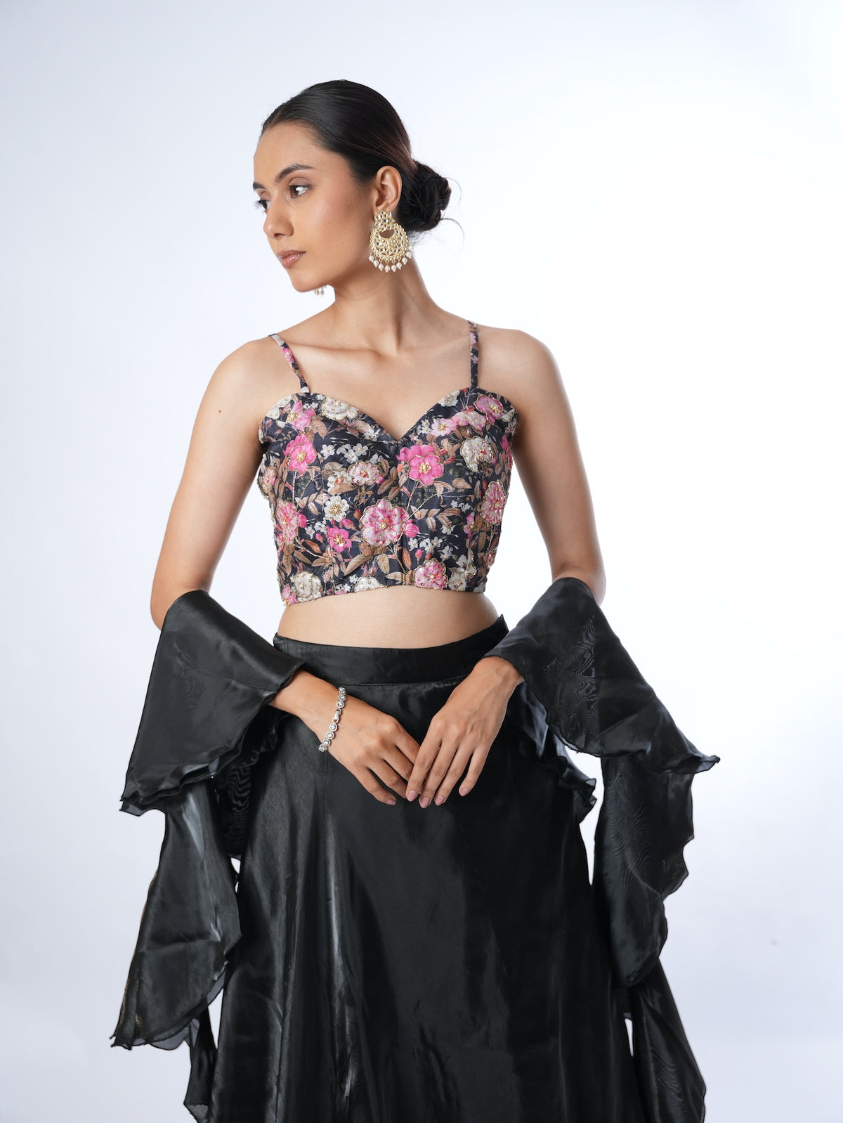 Black Floral Crop Top Lehenga