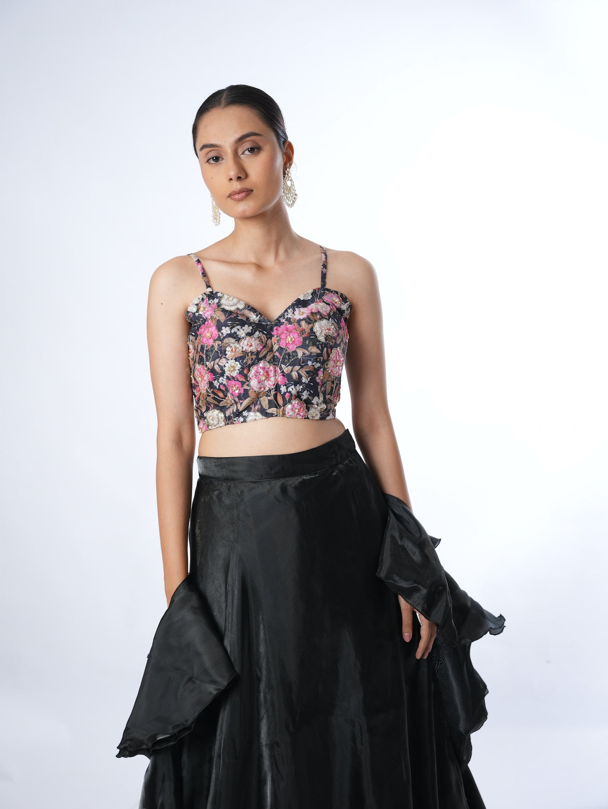 Black Floral Crop Top Lehenga