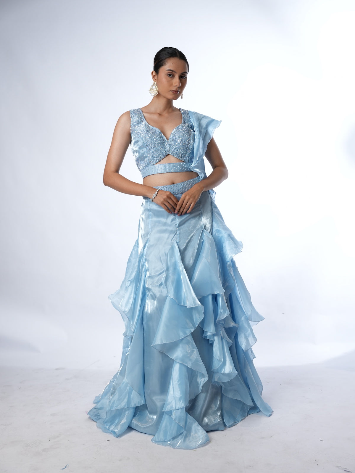 Powder Blue Embellished Ruffled Lehenga Set