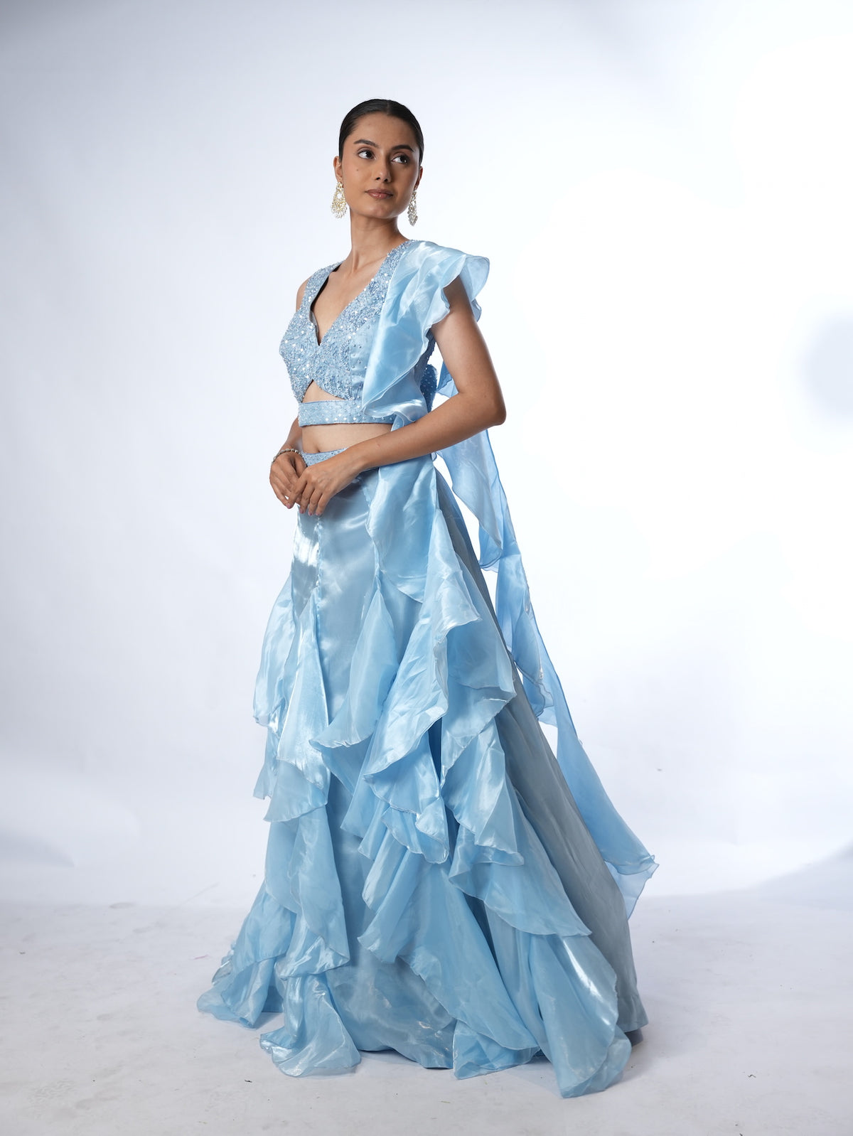 Powder Blue Embellished Ruffled Lehenga Set