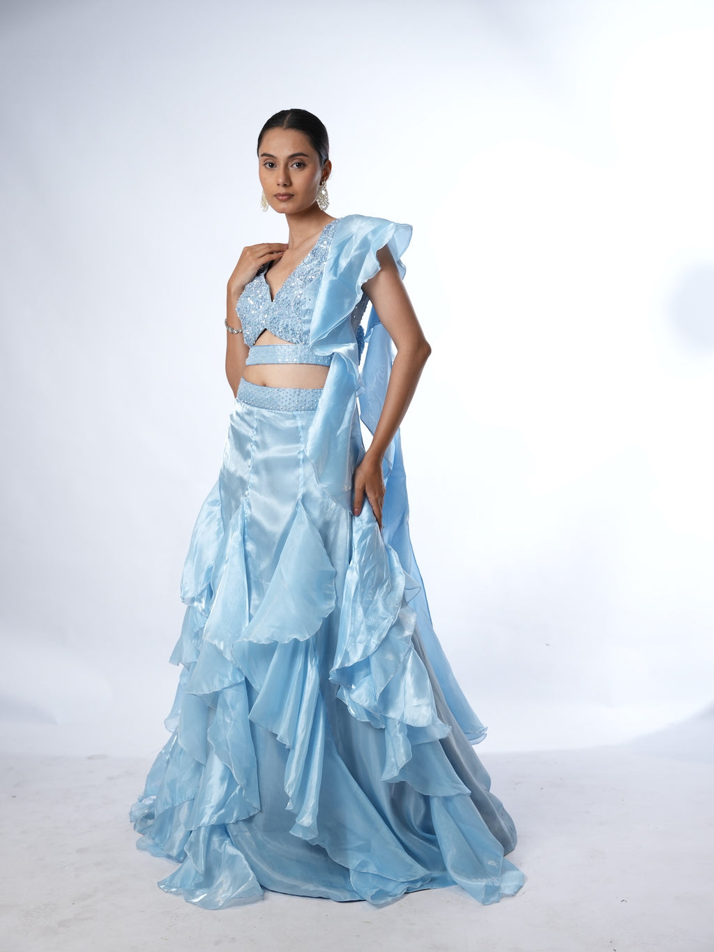 Powder Blue Embellished Ruffled Lehenga Set