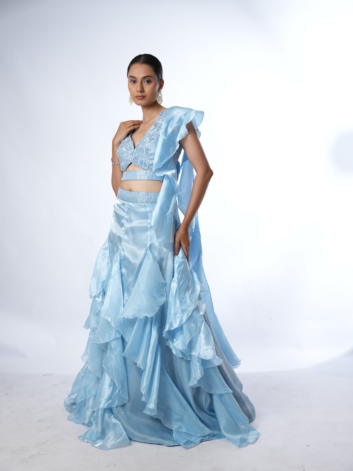Powder Blue Embellished Ruffled Lehenga Set