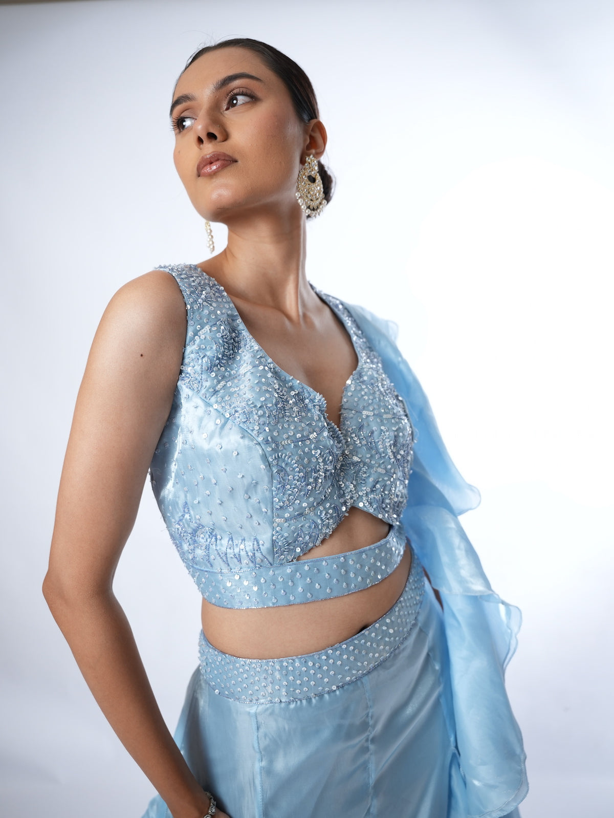 Powder Blue Embellished Ruffled Lehenga Set