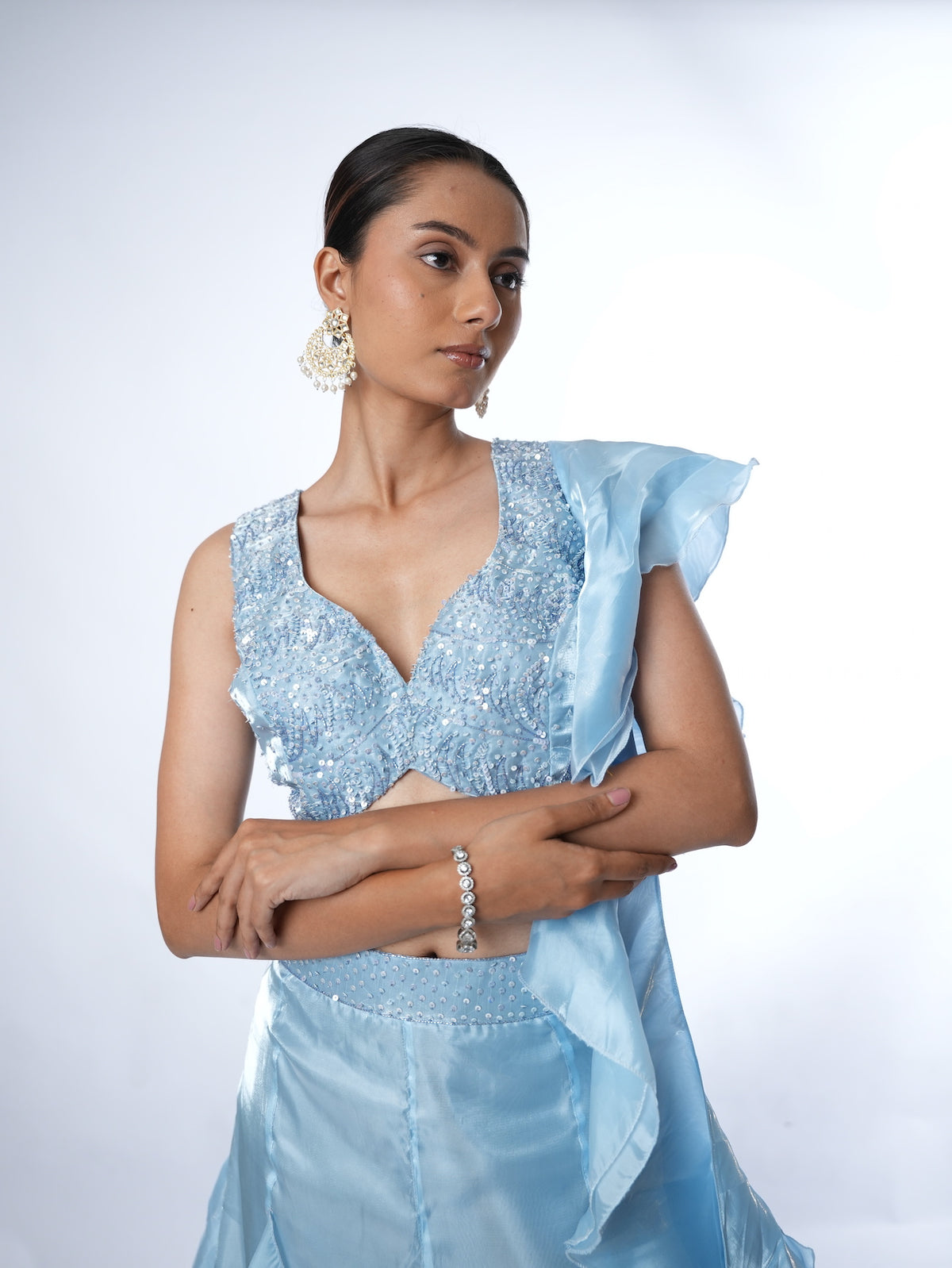 Powder Blue Embellished Ruffled Lehenga Set
