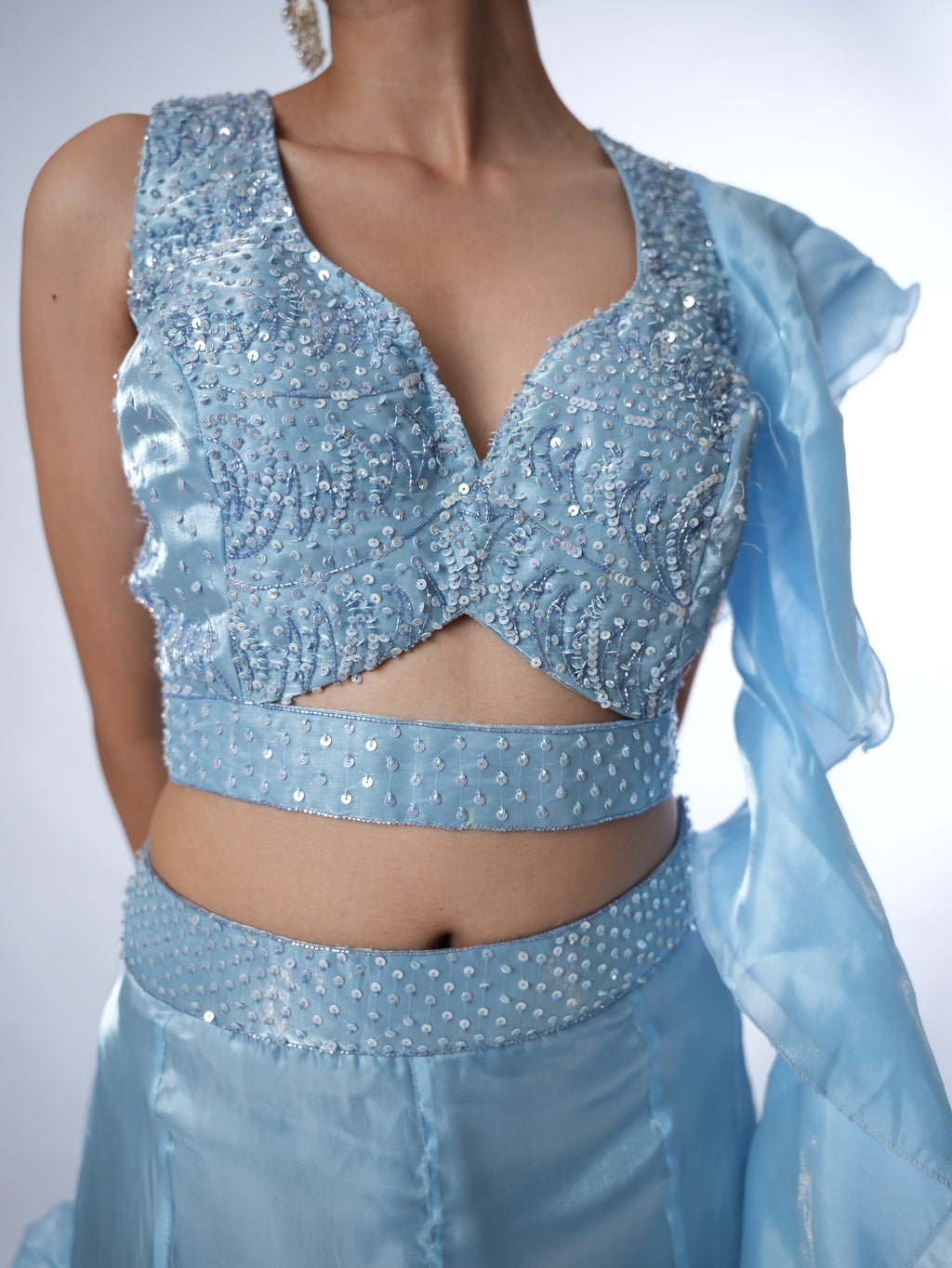 Powder Blue Embellished Ruffled Lehenga Set