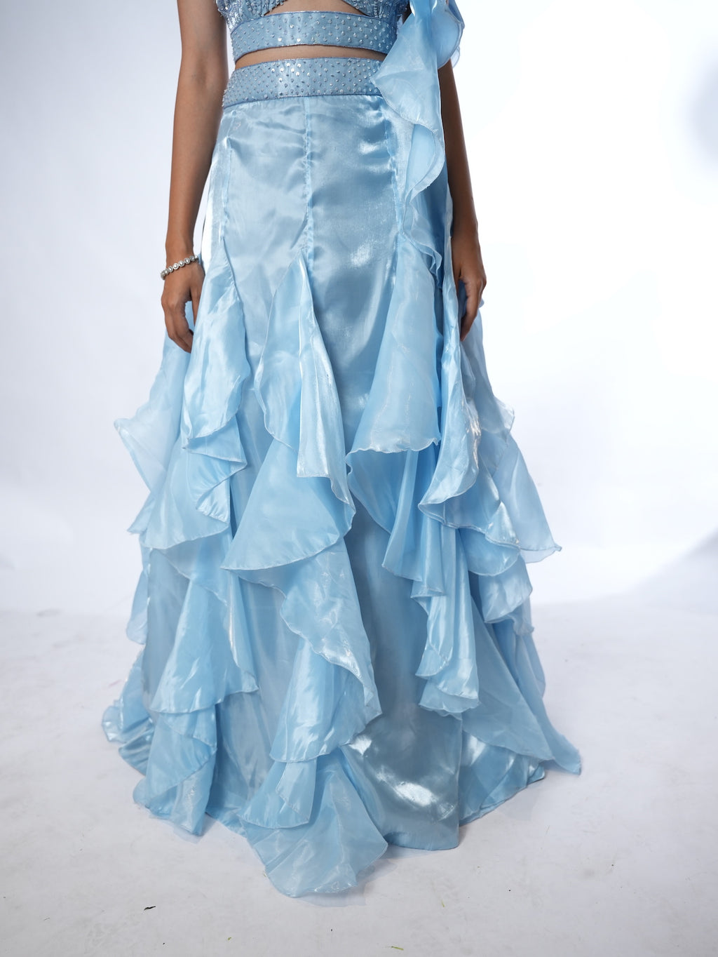 Powder Blue Embellished Ruffled Lehenga Set