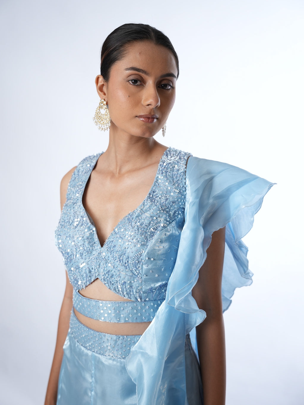 Powder Blue Embellished Ruffled Lehenga Set