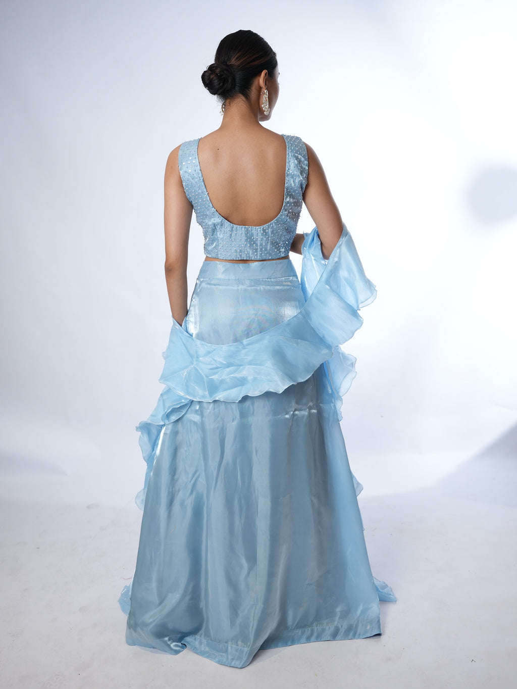 Powder Blue Embellished Ruffled Lehenga Set