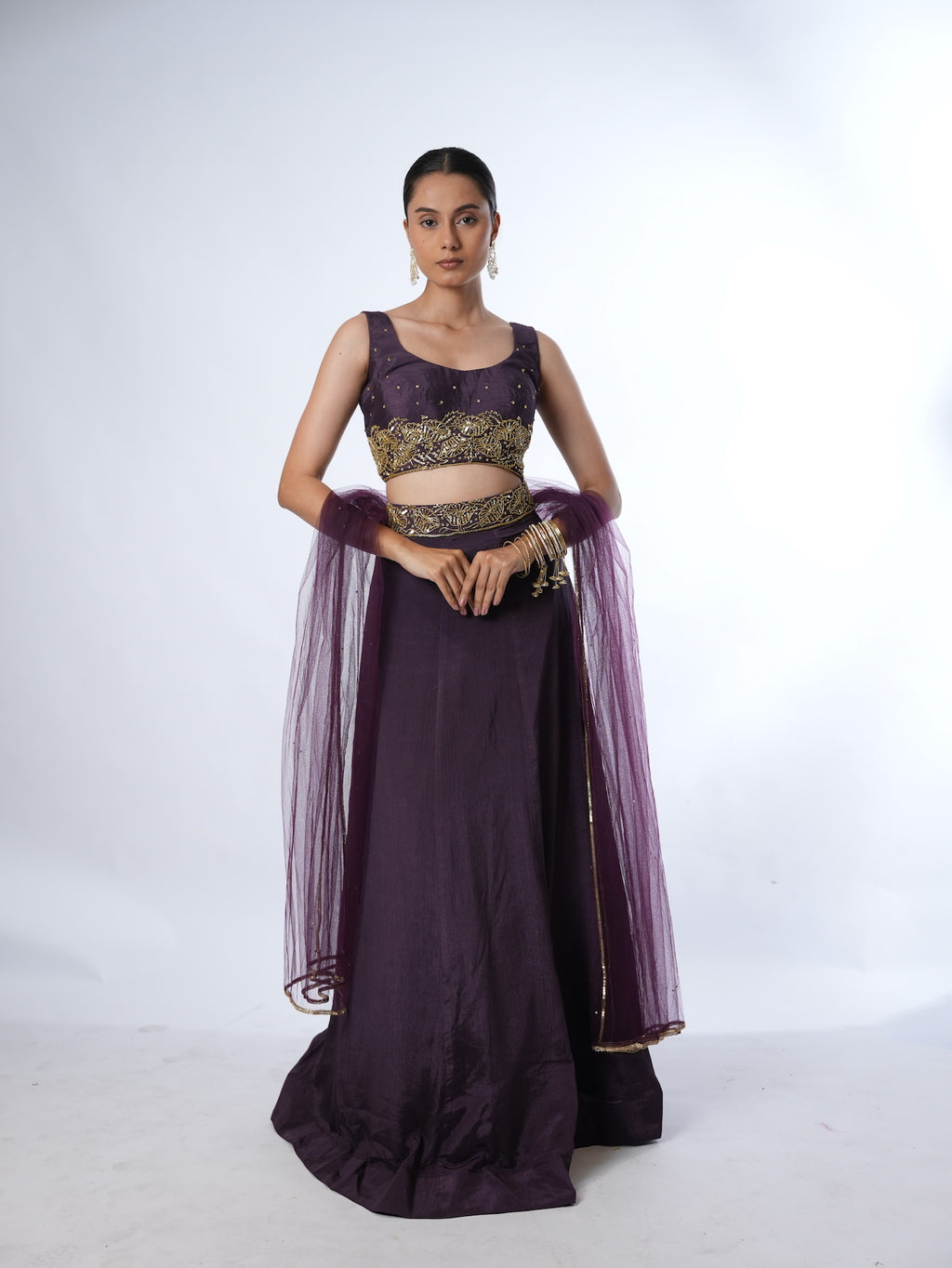 Deep Plum Embellished Crop Top Lehenga Set