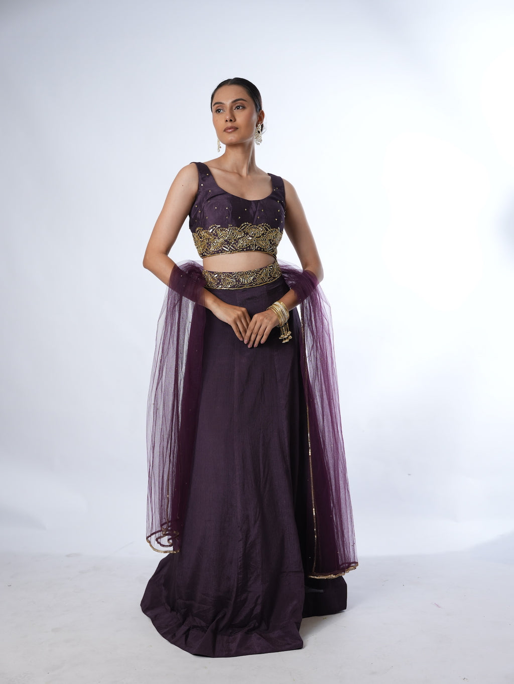 Deep Plum Embellished Crop Top Lehenga Set