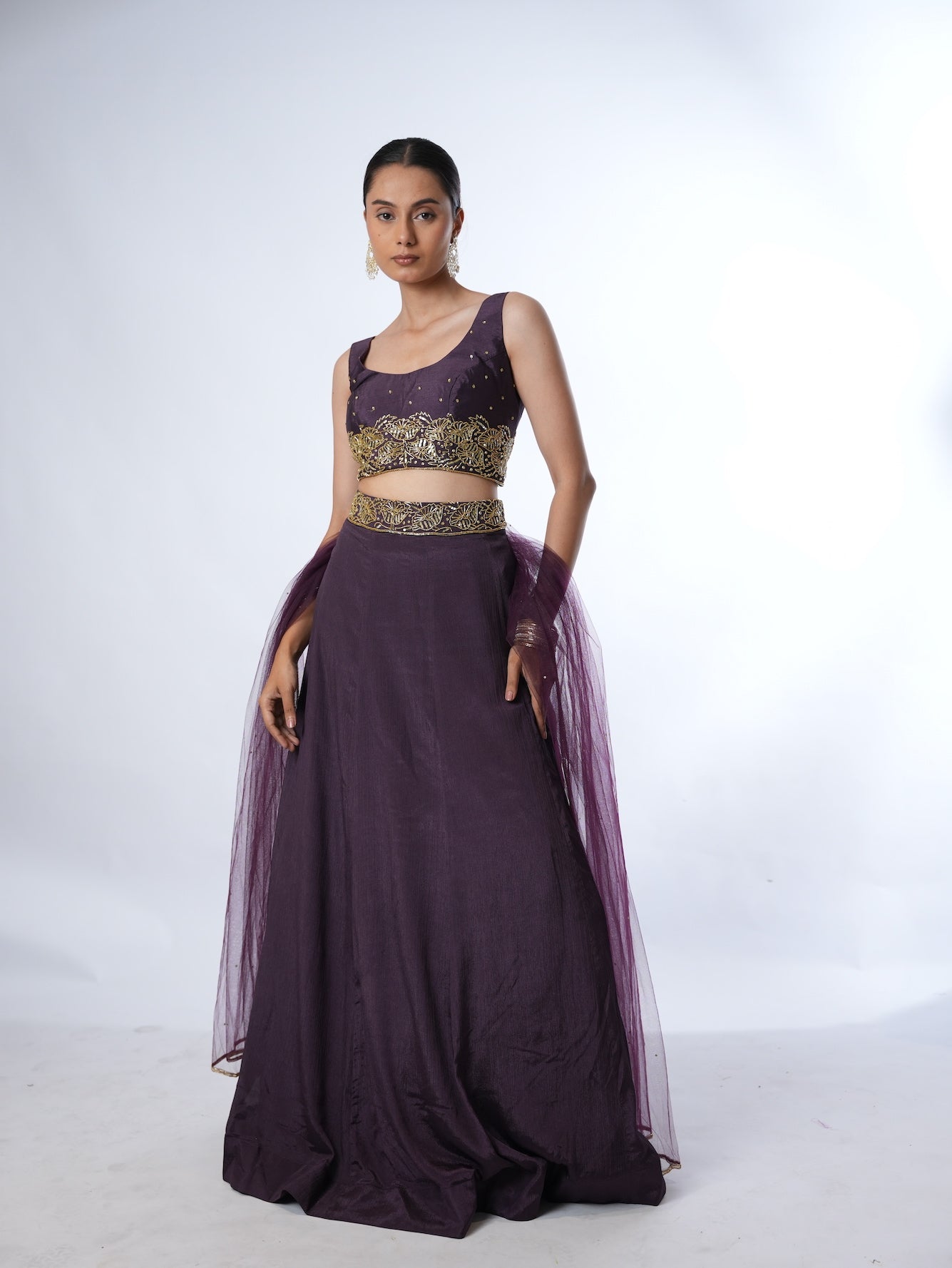 Deep Plum Embellished Crop Top Lehenga Set