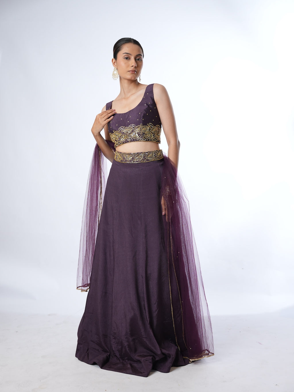 Deep Plum Embellished Crop Top Lehenga Set