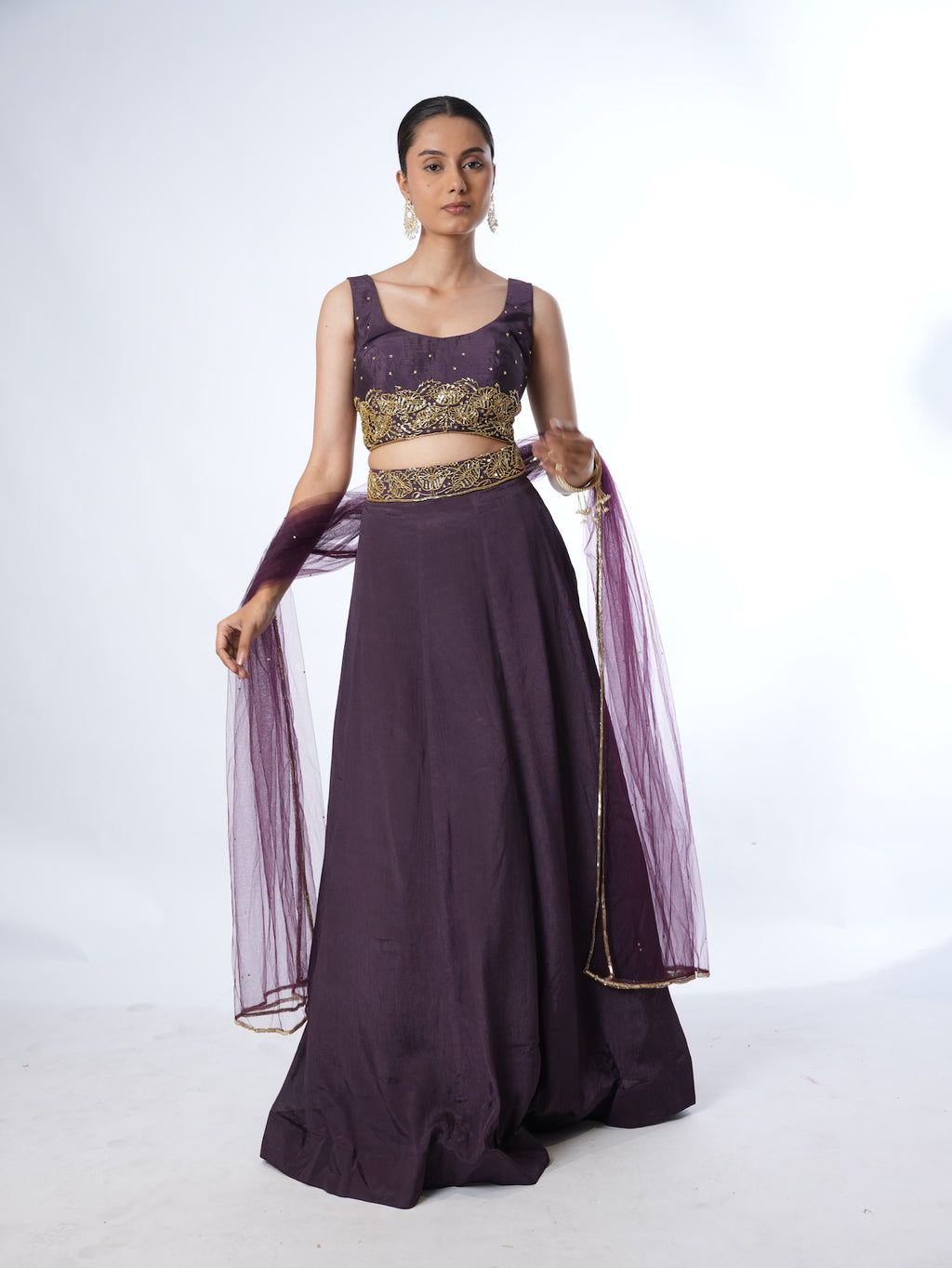 Deep Plum Embellished Crop Top Lehenga Set