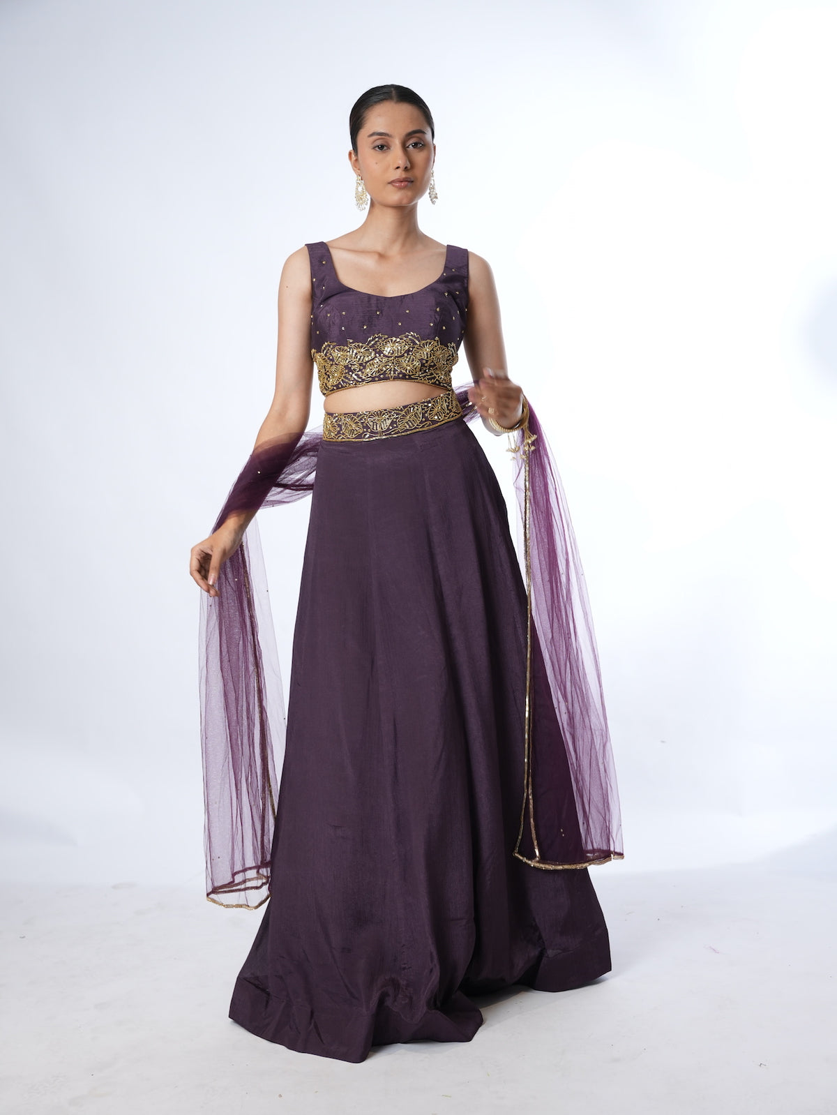 Deep Plum Embellished Crop Top Lehenga Set