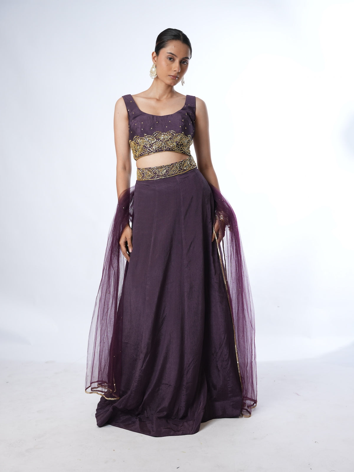 Deep Plum Embellished Crop Top Lehenga Set
