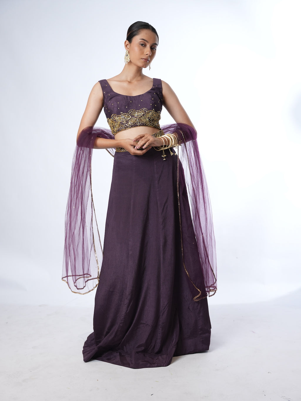 Deep Plum Embellished Crop Top Lehenga Set
