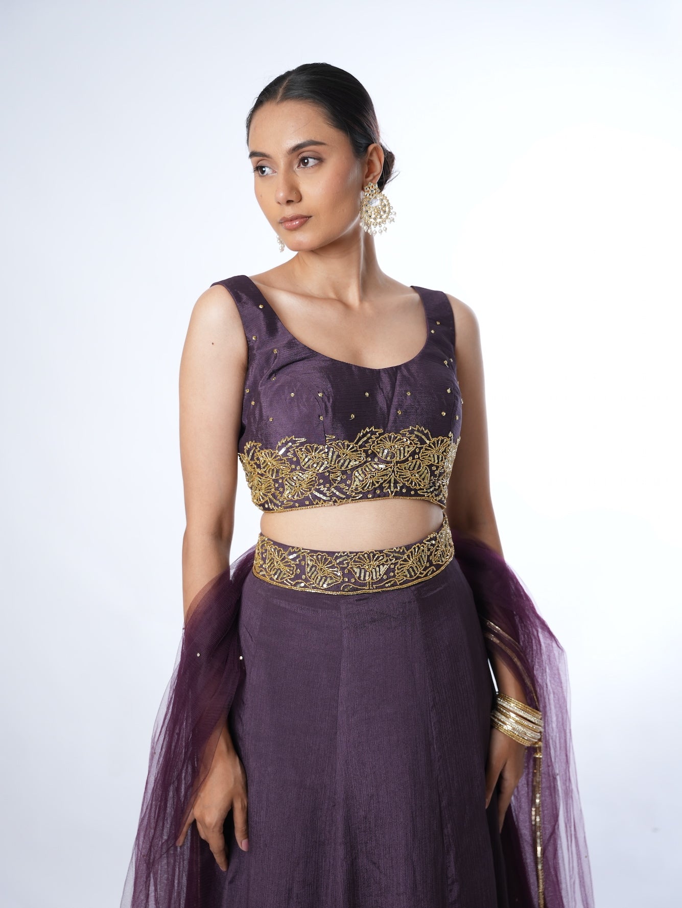 Deep Plum Embellished Crop Top Lehenga Set