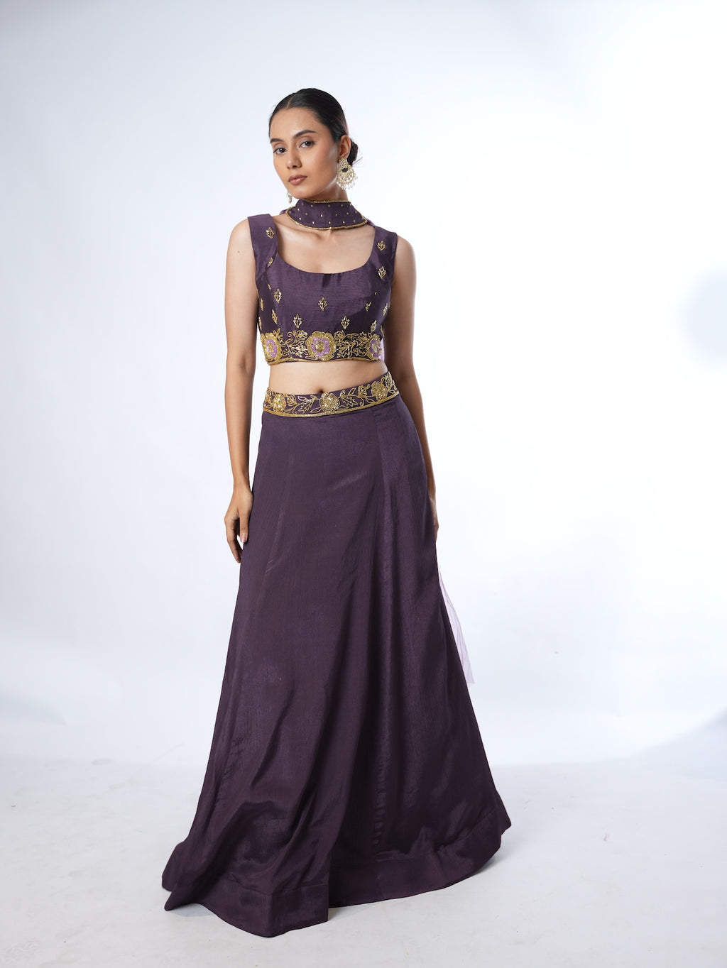 Deep Plum Embellished Crop Top Lehenga Set