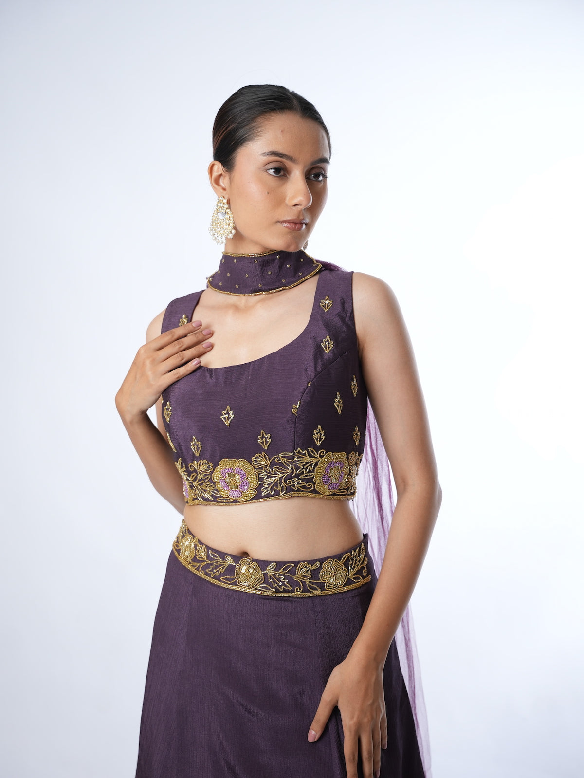 Deep Plum Embellished Crop Top Lehenga Set