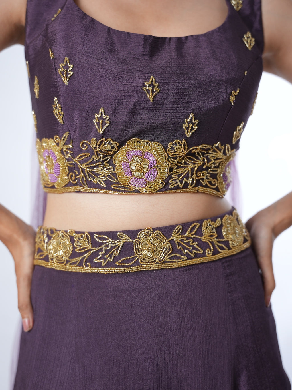 Deep Plum Embellished Crop Top Lehenga Set