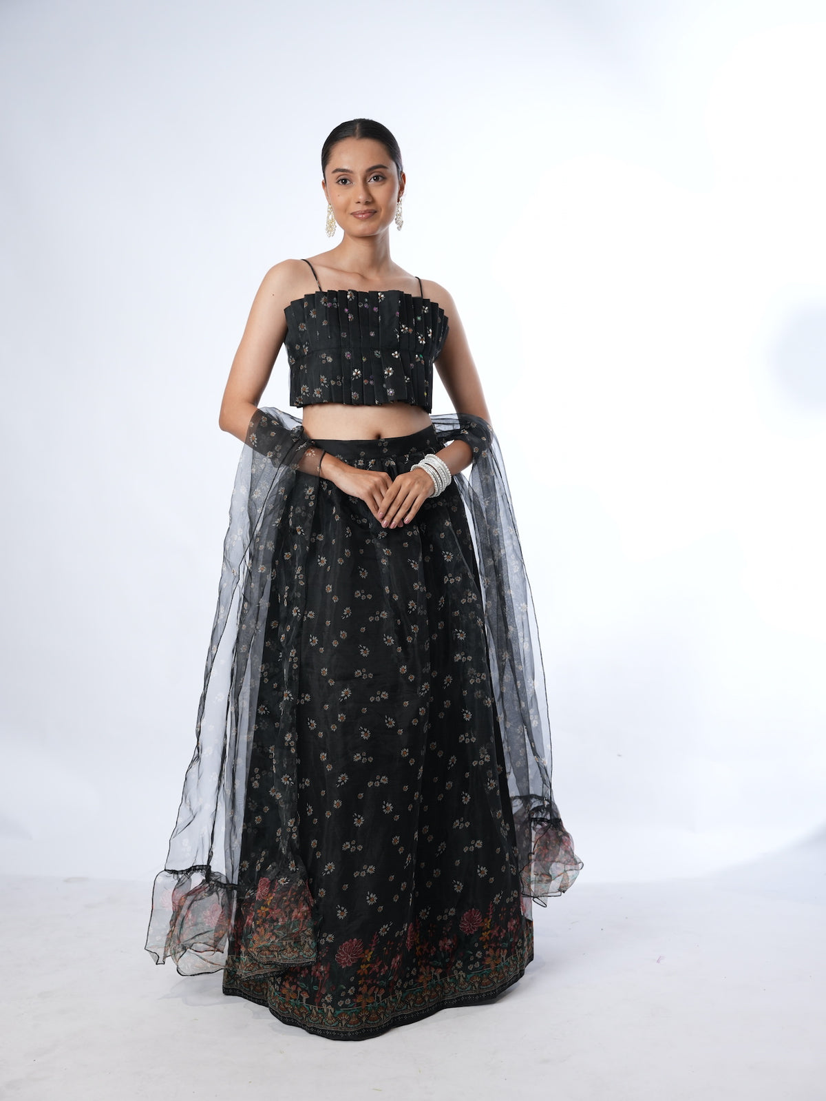 Black Pleated Crop Top Lehenga Set