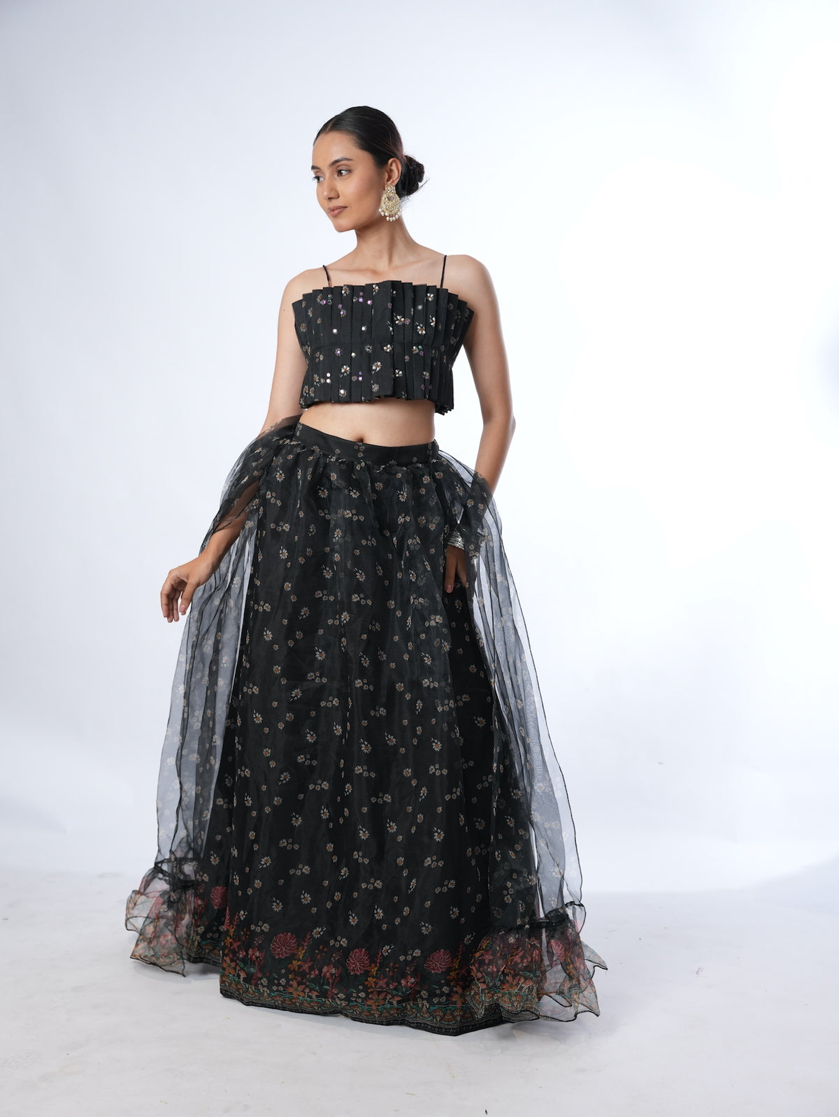 Black Pleated Crop Top Lehenga Set
