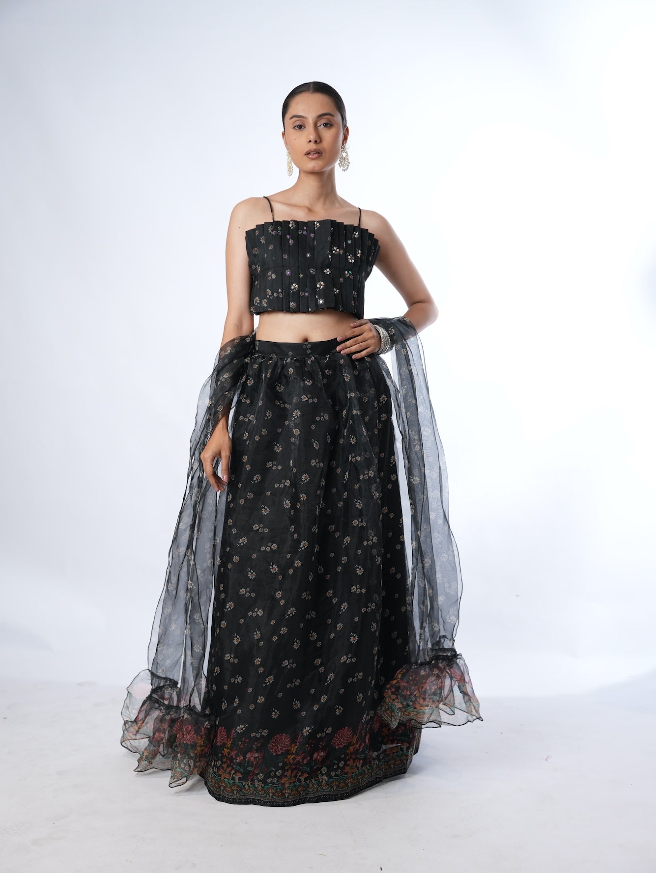 Black Pleated Crop Top Lehenga Set