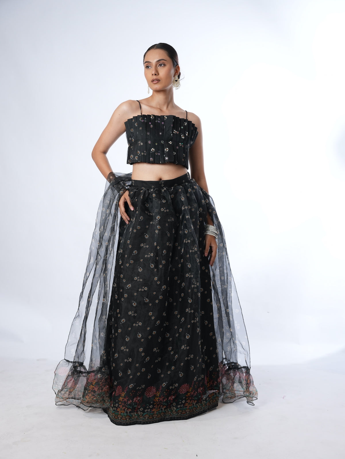 Black Pleated Crop Top Lehenga Set