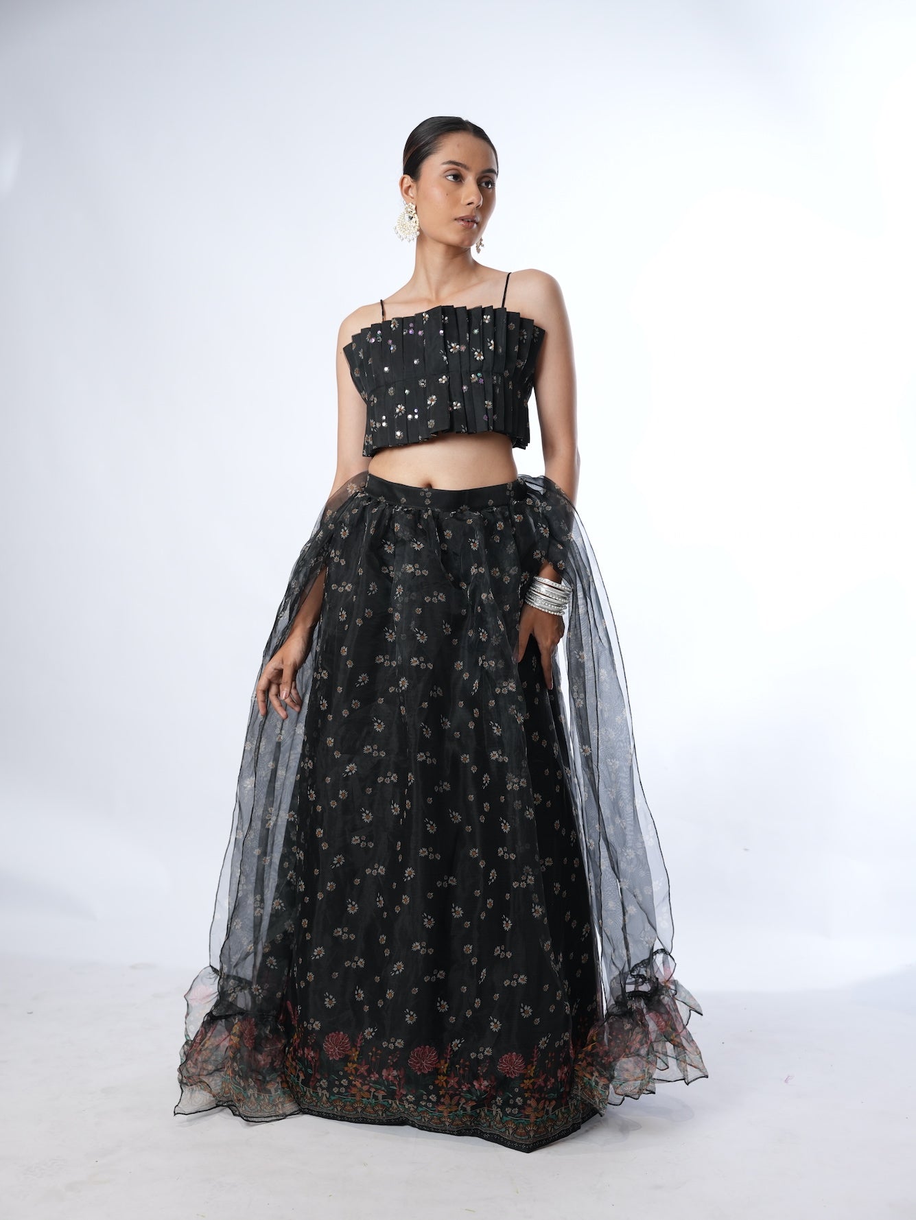 Black Pleated Crop Top Lehenga Set