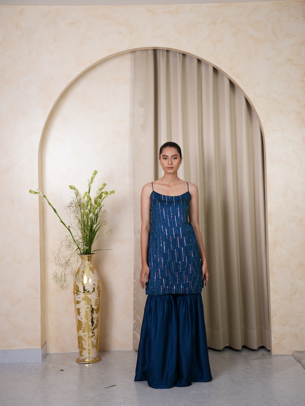 Teal Blue Sequin Short Kurta Set