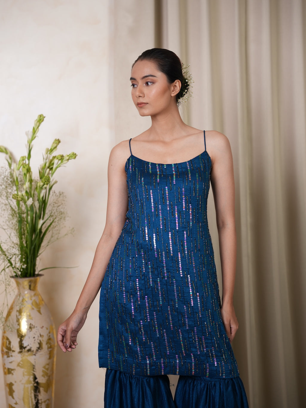 Teal Blue Sequin Short Kurta Set