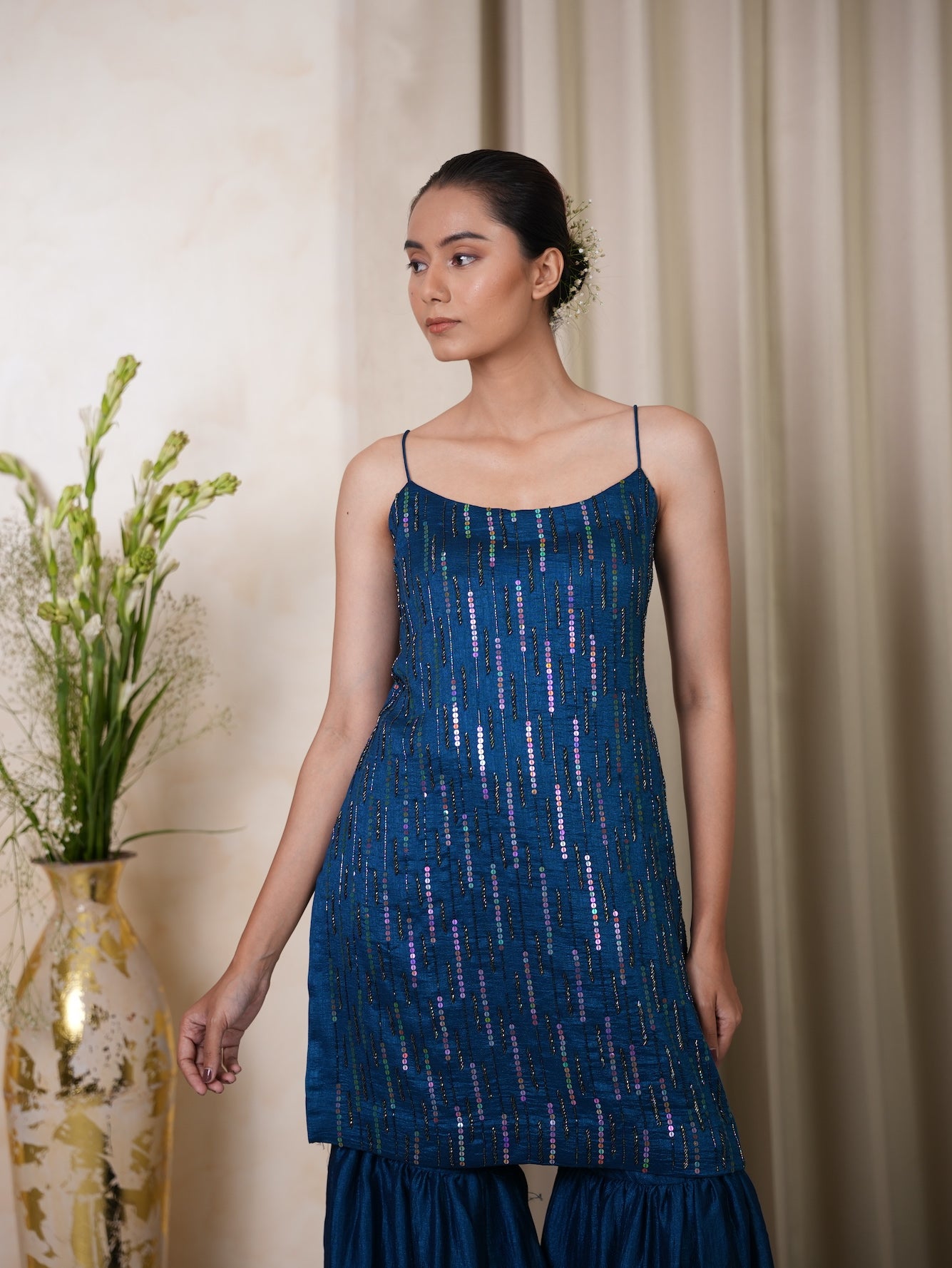 Teal Blue Sequin Short Kurta Set