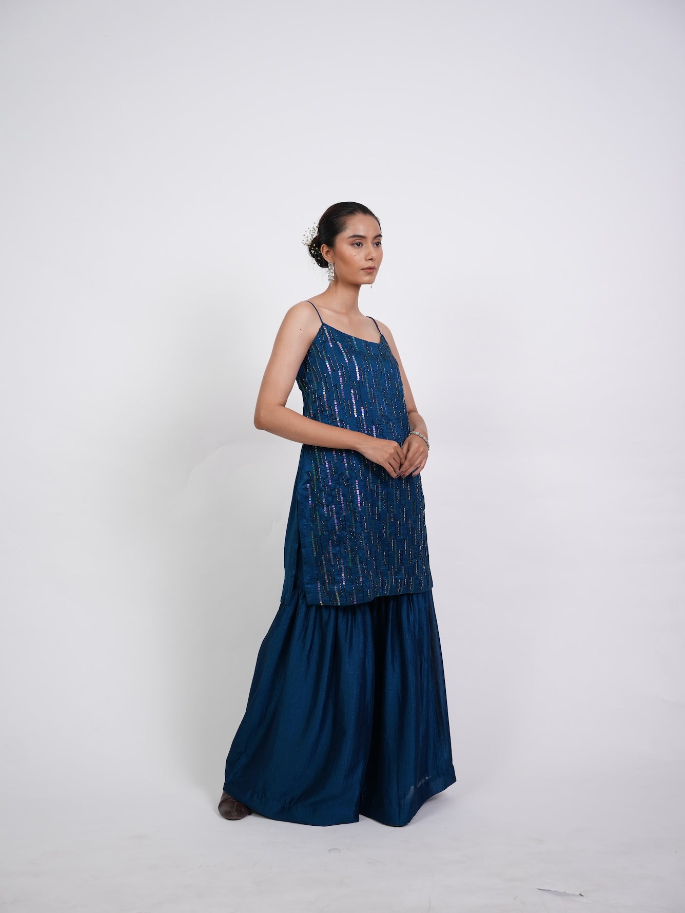 Teal Blue Sequin Short Kurta Set