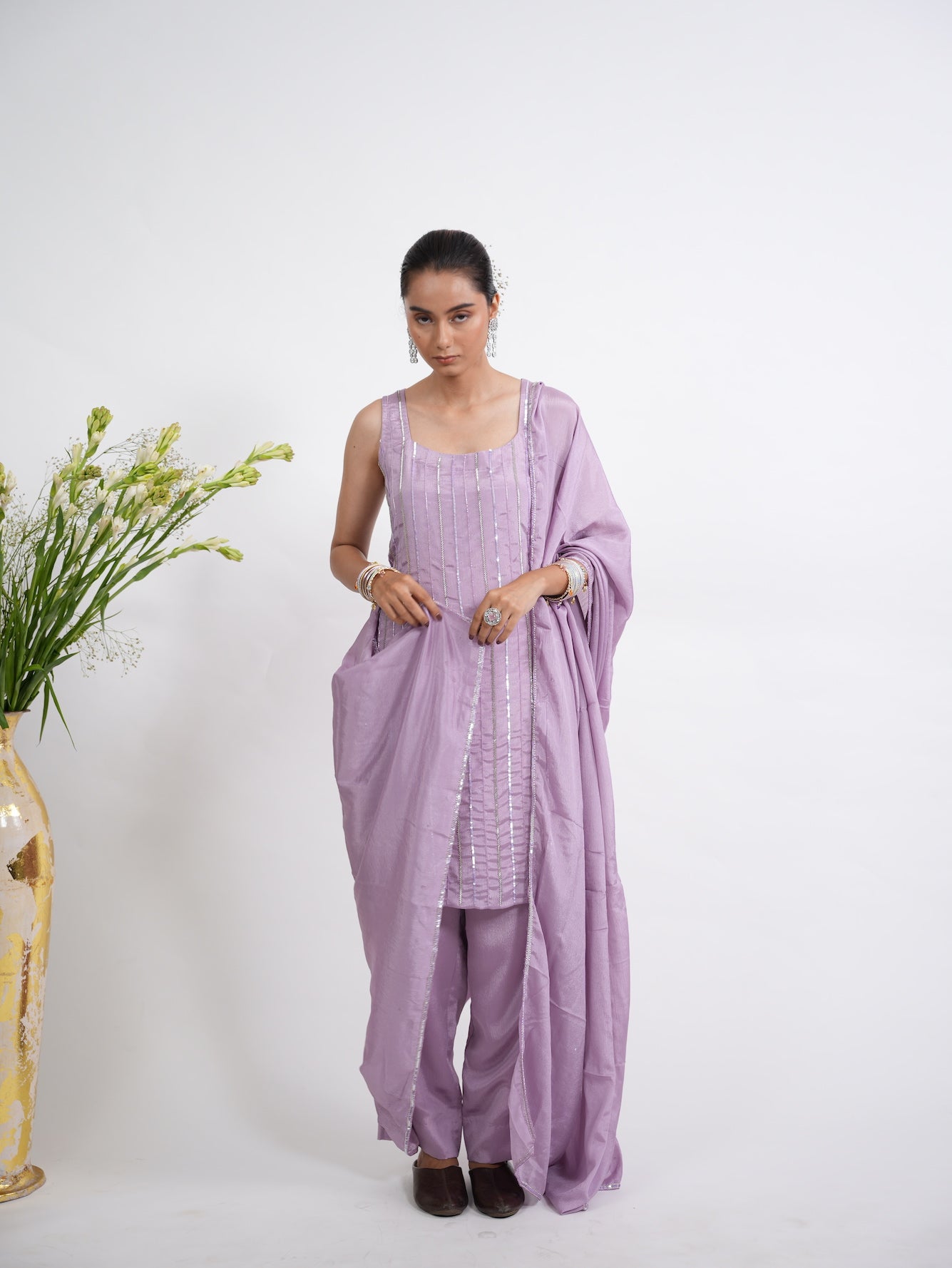 Lilac Sequin Embroidered Silk Kurta Set