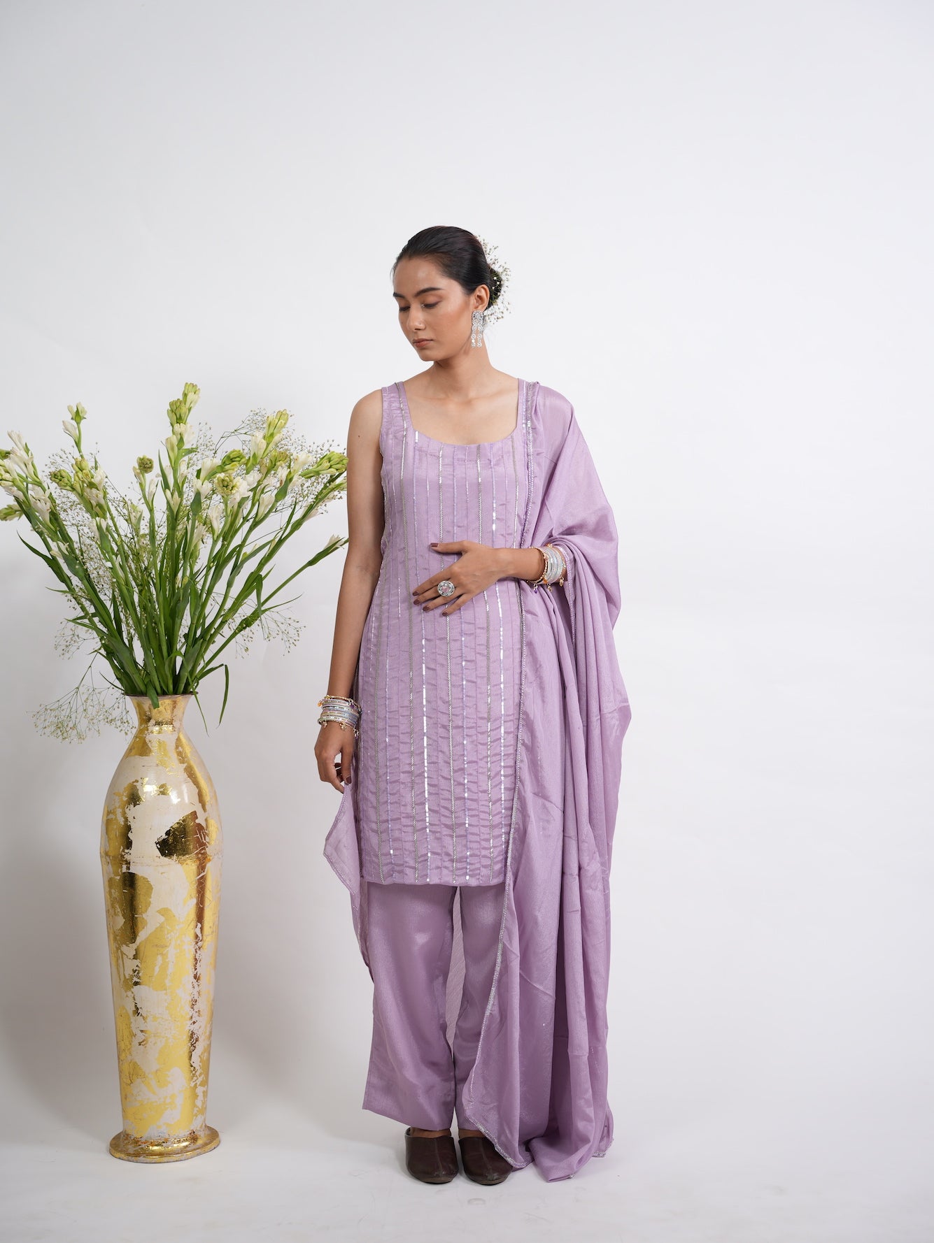 Lilac Sequin Embroidered Silk Kurta Set