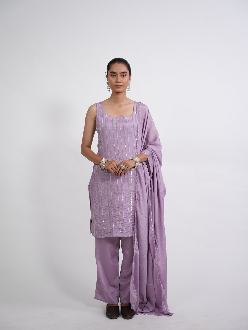Lilac Sequin Embroidered Silk Kurta Set
