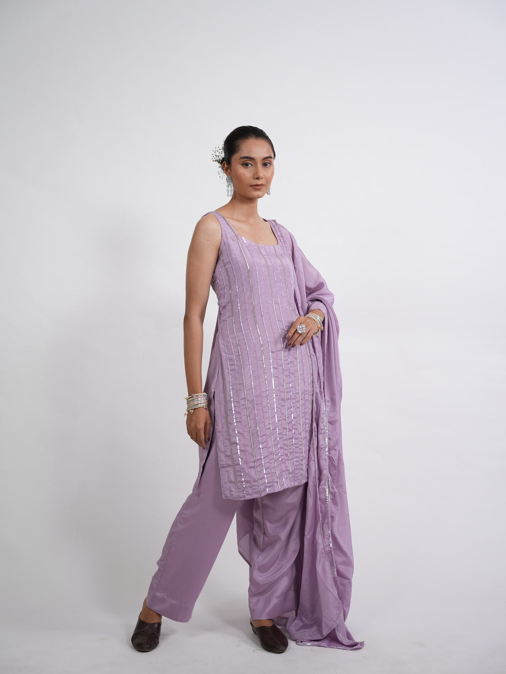 Lilac Sequin Embroidered Silk Kurta Set