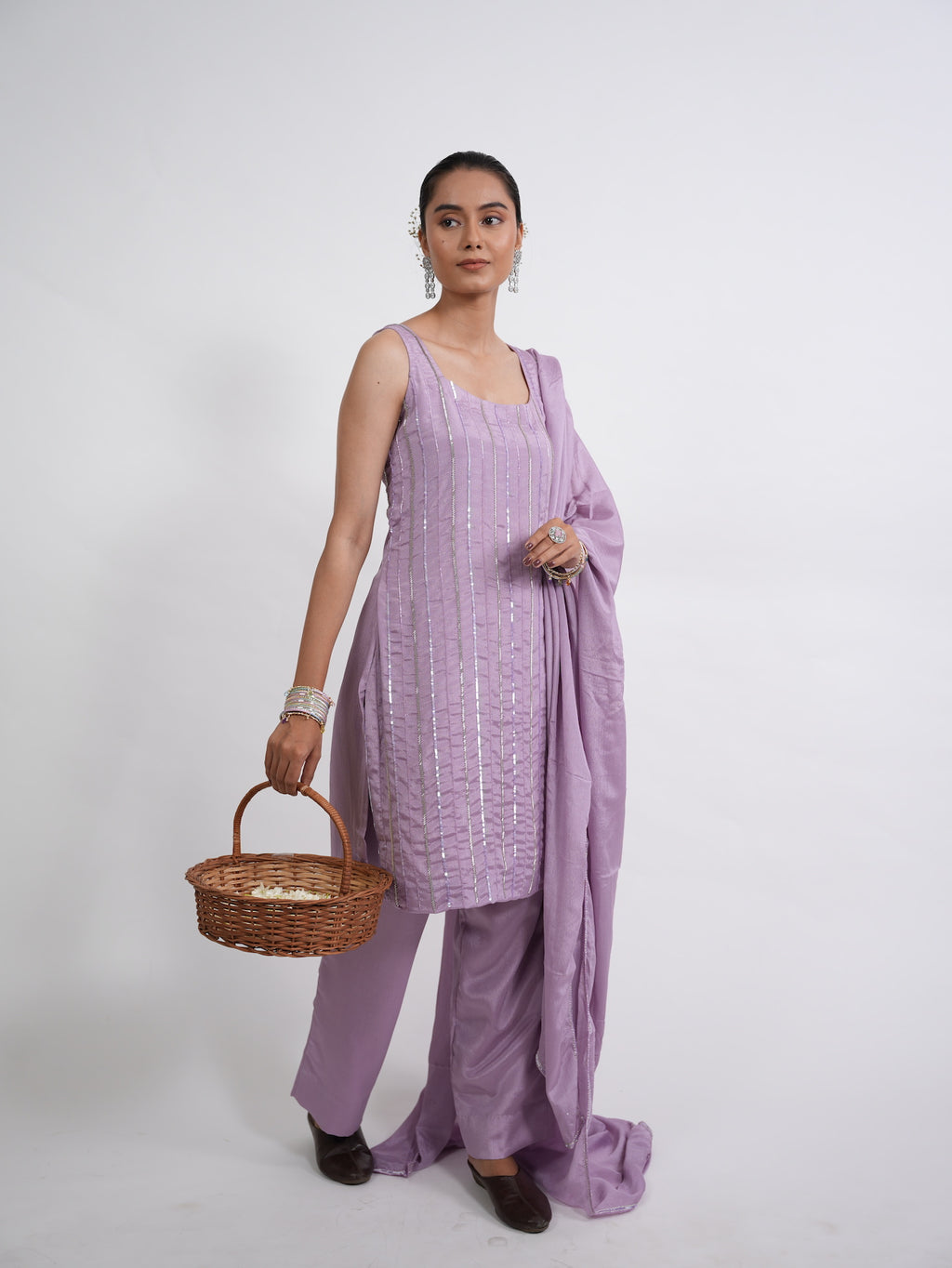 Lilac Sequin Embroidered Silk Kurta Set