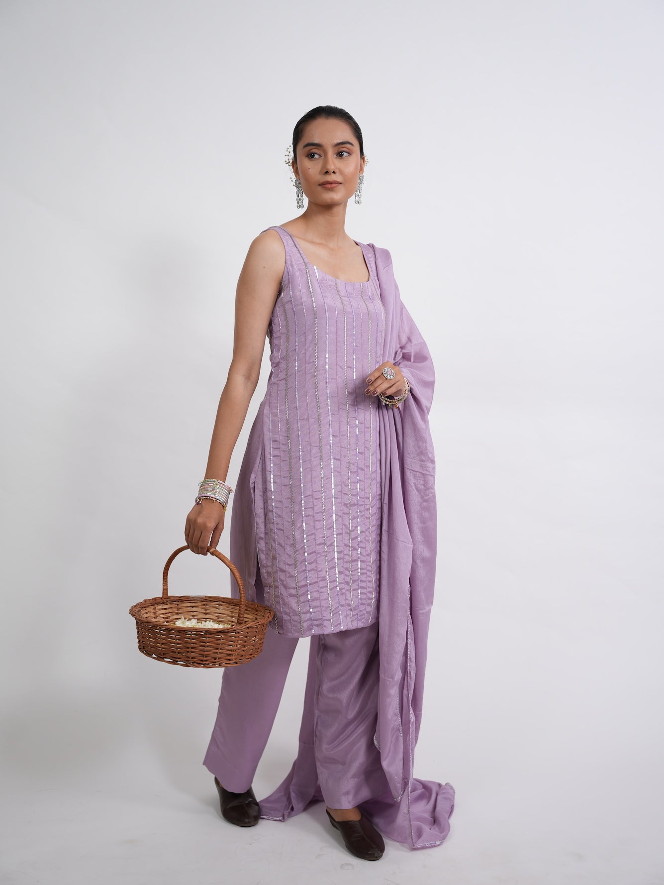 Lilac Sequin Embroidered Silk Kurta Set