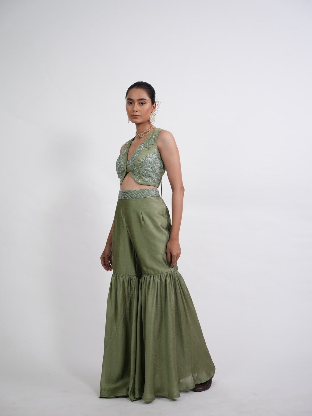 Olive Green Embroidered Sharara Set