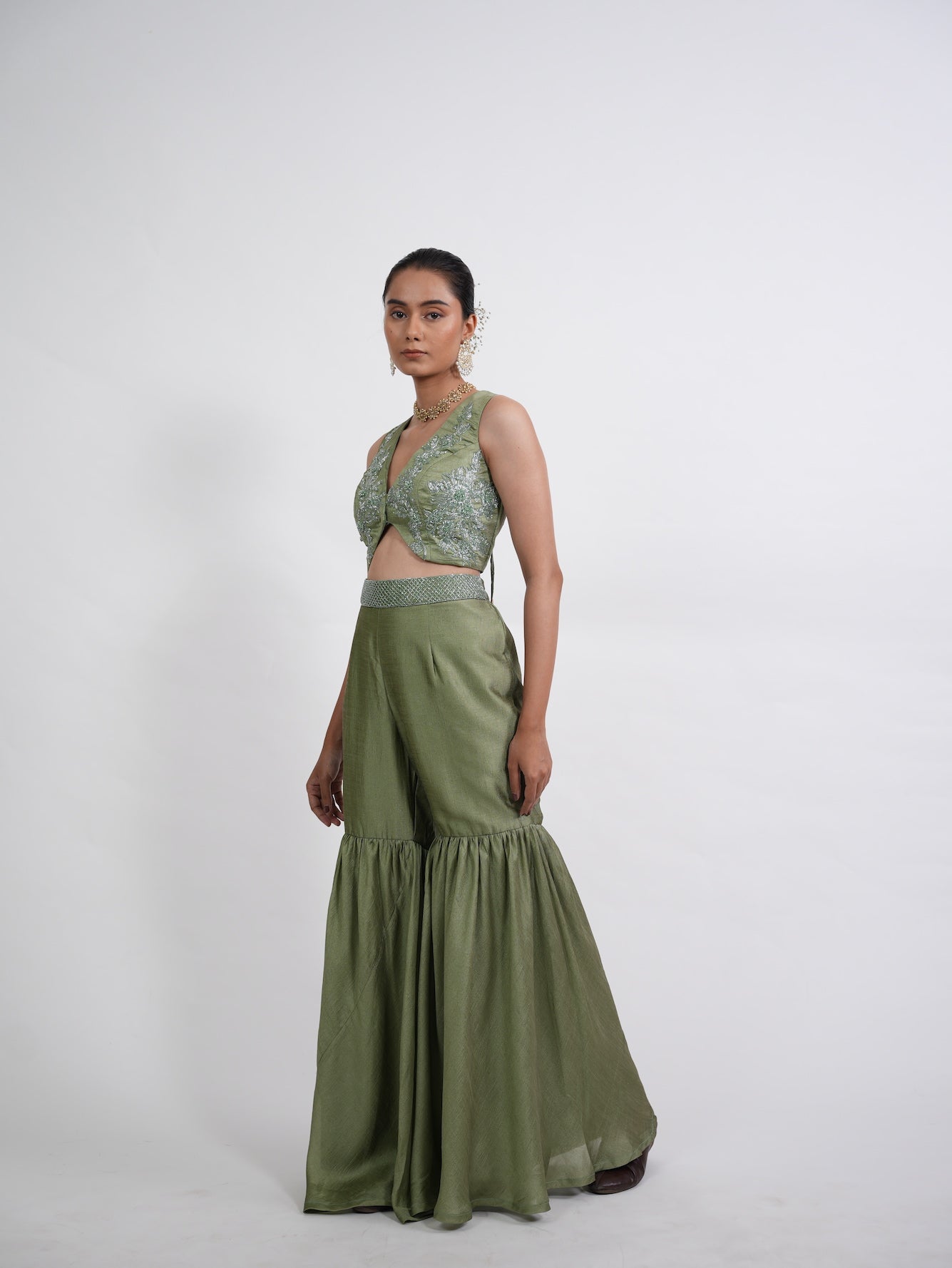 Olive Green Embroidered Sharara Set